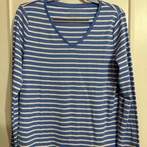 Blue, White, and Silver Metallic Striped Long Sleeved V-Neck Top